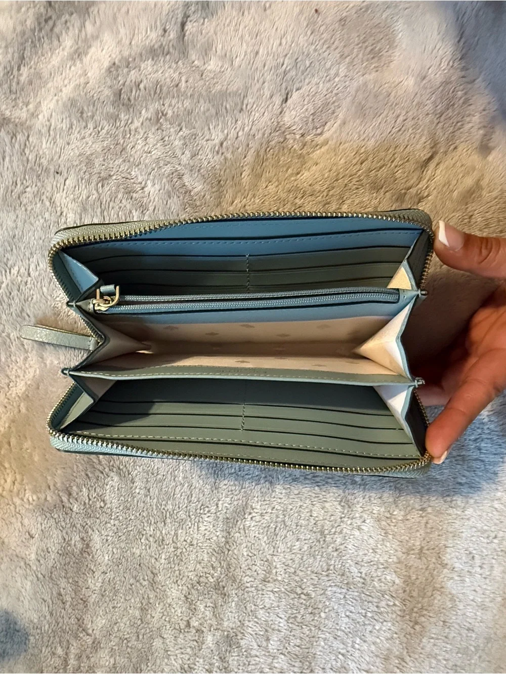 kate spade light blue pebbled leather zip-around wallet
